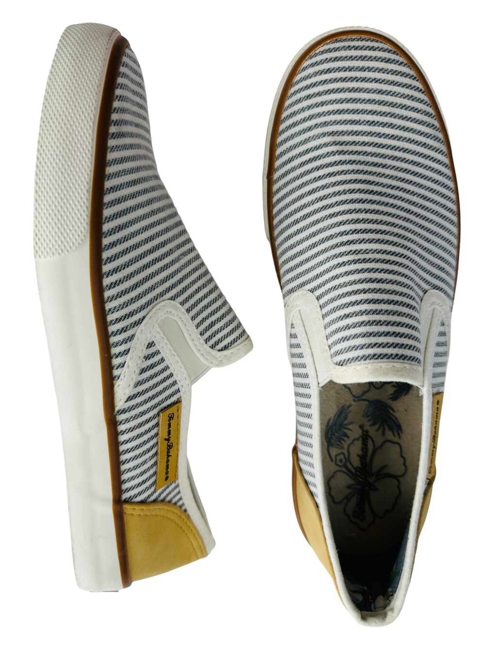 Tommy Bahama Women's White and Navy Striped Slip-On Flats with Tan Accent